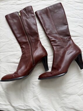 Anne Klein Vintage Classic Women's Brown Leather Mid-Calf Heeled Boots